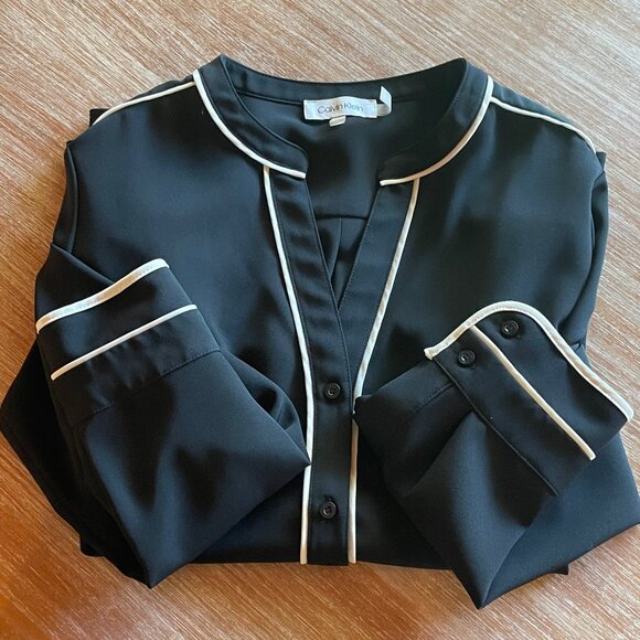 Calvin Klein Black Blouse with‎ White Piping Size M - Picture 3 of 5